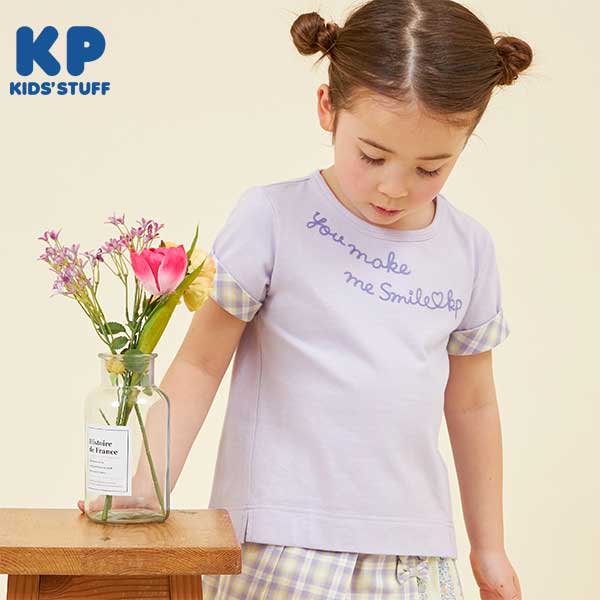 KP(ケーピー)袖チェック柄のロゴ半袖Tシャツ(120～130)