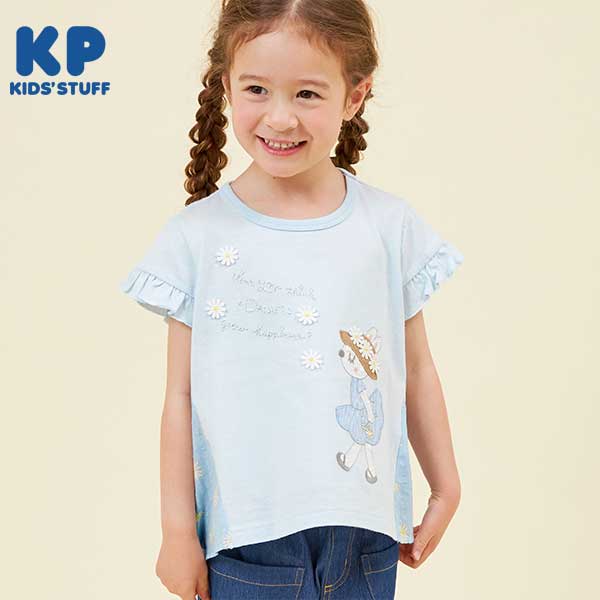 KP(ケーピー)mimiちゃんアップリケのデイジー柄切り替え半袖Tシャツ(100～130)