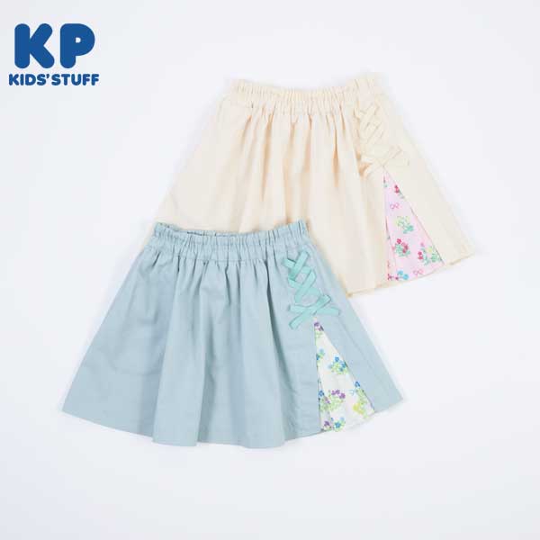 【クーポン対象】KP(ケーピー)花×リボン柄切り替えのコットンツイルスカート(140～150)
